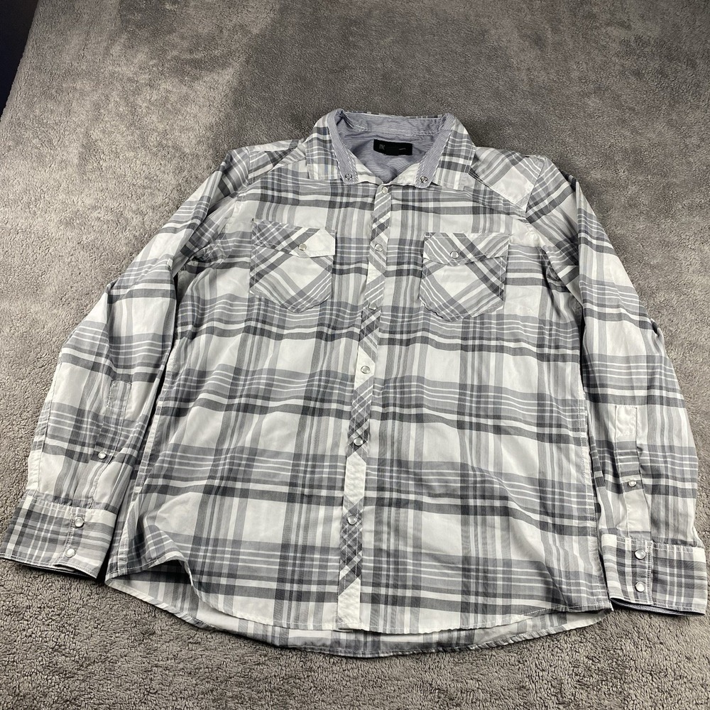 INC International Concepts Shirt Mens XL White Gray Plaid White Pearl Snaps